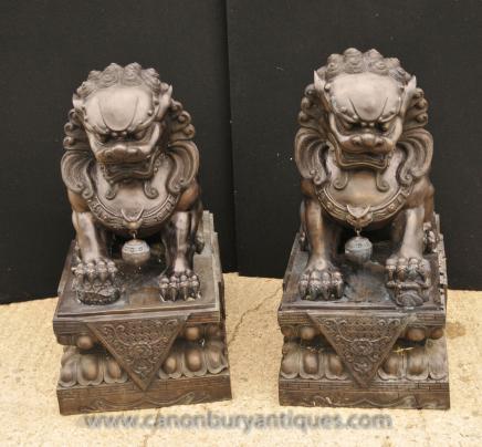 Pair XL Bronze Chinese Dogs - Foo Keiloon Fu Temple Statue China